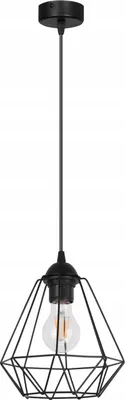 A black pendant light with a diamond-shaped wire cage and an Edison-style bulb, suspended from a ceiling mount.
