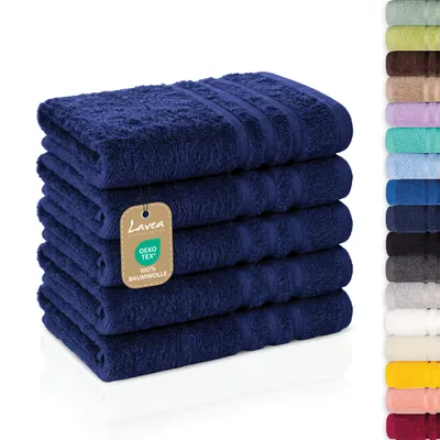 Produktbild von Lavea® 5er Set Gästehandtücher 30x50 cm, Weiche & Saugstarke Gästetücher aus 100% Baumwolle, Frottierserie Elena, Waschbar 60°C - Navy