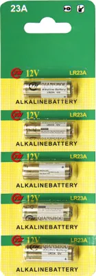 A blister pack of five 12V alkaline batteries, labeled as 23A and LR23A.