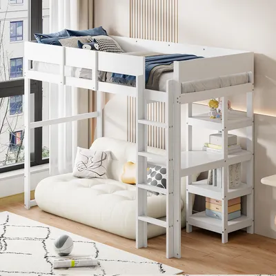 Image de OKWISH Lit Mezzanine 90x200 cm - Lit Simple avec Étagère de Rangement et Barrière de Sécurité, Pin Massif, Sans Matelas - Blanc