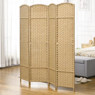 Produktbild von SUGIFT Paravent faltbar, Raumteiler 4-teilig handgewebt, Sichtschutzwand aus Kiefernholz, Naturholz  |  mit 9 Scharnieren  |  5,2 kg  |  160 x 170 cm