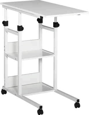 Obrázek produktu pro Odkládací Stolek S Kolečky, Výškově Nastavitelný Konferenční Stolek, 2 Police, Dřevotříska E1, Bílá, 80X40X72-82 Cm