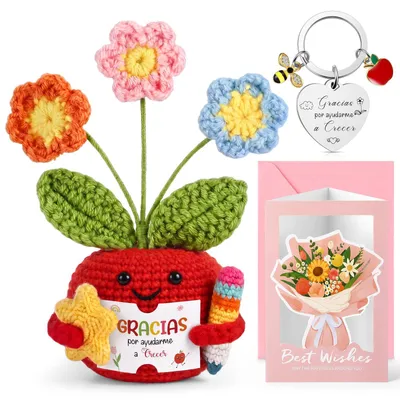Lehrer-Geschenkset: Häkelpuppe, Schlüsselanhänger & Karte