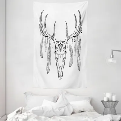 Produktbild von ABAKUHAUS Hirsch Wandteppich und Tagesdecke, Schädel mit Geweih Feder aus Weiches Mikrofaser Stoff Waschbar ohne Verblassen Digitaldruck, 140 x 230 cm, Charcoal Grau Weiß