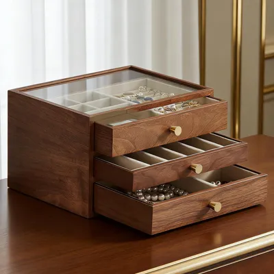 Image de Boîte à bijoux en bois avec couvercle en verre et 3 tiroirs