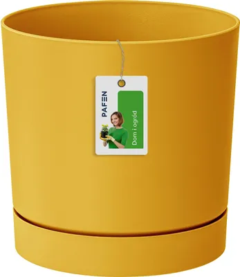 A yellow flower pot with a saucer and a tag attached.