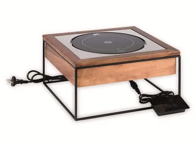 Produktbild von APS Induktionsstation Metallständer + Induktioskochplatte + Holzrahmen + Edelstahlrahmen Leistung: 900 Watt BxTxH: 35,4 x 32,5 x 19 cm