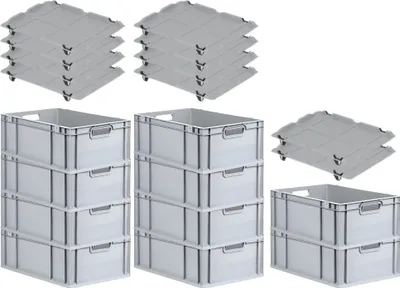 Produktbild von SparSet 10x Eurobox NextGen Grip mit Auflagedeckel inkl. 4 schwarzen Schiebeschnappverschlüssen | HxBxT 22x40x60cm | 44 Liter | Grau | Griffe offen | Verstärkter Boden | Eurobehälter, Transportbox, Transportbehälter, Stapelbehälter