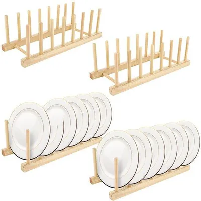 Immagine prodotto di Set da tavola in bambù da 4 pezzi, portatovaglioli a 7 scomparti, scolapiatti in legno, vassoio in legno per piatti, tazze e taglieri