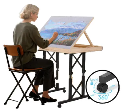 Immagine prodotto di Tavolo componibile, struttura in legno, dimensioni 89 cm x 66 cm, 5 angoli di inclinazione regolabili, 6 cassetti portaoggetti, dotato di 4 ruote per una facile mobilità