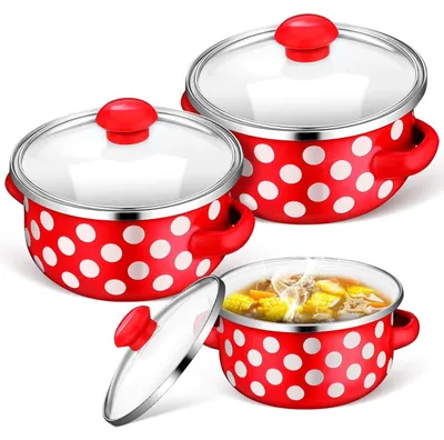 Image de Ensemble de 3 petits faitioutres en émail, rouge avec des points blancs
