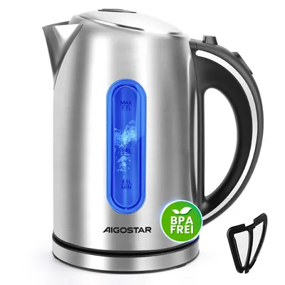 A stainless steel electric kettle with a blue illuminated water level indicator and a black handle, shown on a white background. A small black filter accessory is placed to the right of the kettle.