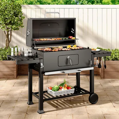Produktbild von Livingandhome BBQ Holzkohlegrill Grillwagen mit Deckel, Seitenablagen und Thermometer, 160x60x108cm, Schwarz