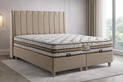 Produktbild von Bett mit Matratze Moderner Stil Beige Stoffbezug Bett mit Stauraum