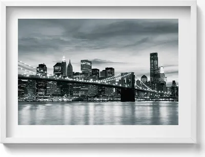 Produktbild von Brooklyn Bridge - Skyline von New York– Wandbild mit Rahmen – Gerahmtes Bild  – Wanddekoration – 70x50 cm –  Weiß Rahmen