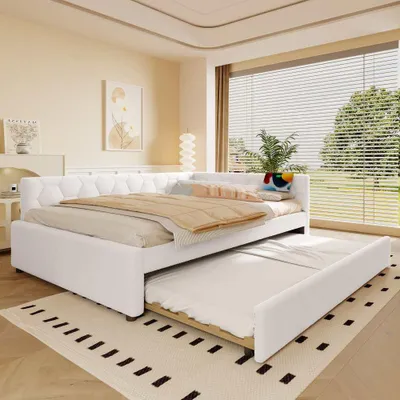 Produktbild von Multifunktionales Schlafsofa mit Ausziehbett, USB & Typ-C Anschlüsse, Nachttischlampe, Weiß Vliesimitat, Komfortmaterial, 140x200 cm, Weiß