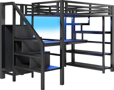 Zdjęcie produktu dla Łóżko piętrowe 140x200 cm – metalowa rama – biurko w kształcie litery L – szafa – schody z miejscem do przechowywania – oświetlenie LED – kolor czarny