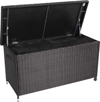 An open poly rattan storage box on a white background.