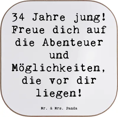 Produktbild von Mr. & Mrs. Panda Untersetzer für Gläser Spruch 34. Geburtstag - Weiß - Geschenk, Träume verwirklichen, Holzuntersetzer, Alter, Happy Birthday, Abenteuer, Tischuntersetzer