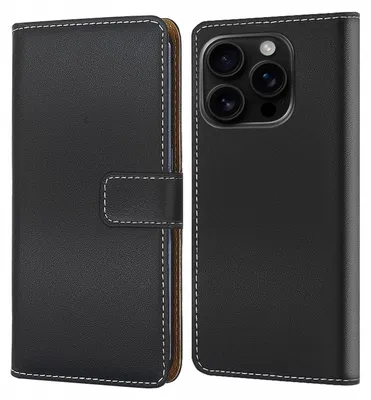 A black flip-style phone case for an iPhone 16 Pro Max is shown from the front and back.