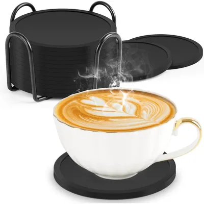 Productafbeelding van Siliconen onderzetters, set van 12, 10 cm, zwart, met houder