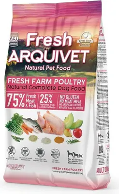 A bag of Arquivet dog food with illustrations of ingredients.