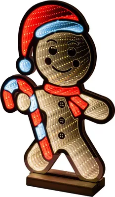 A gingerbread man Christmas decoration with LED lights.
