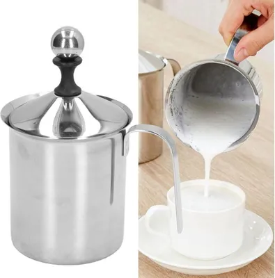 Produktbild von Manueller Milchaufschäumer, 400 ml, Edelstahl-Doppelnetz, Latte-Cappuccino-Kaffeeschaumkrug, mit Griff, Deckel, Doppelschichtfilter