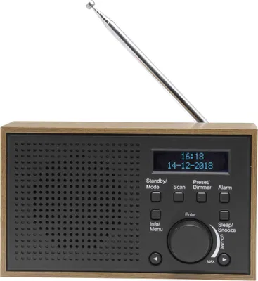 A digital radio with a wooden casing and a black speaker grille, shown against a white background.
