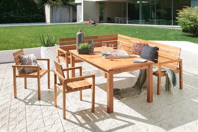 Produktbild von Gartengruppe 4tlg Gartentisch Teak 180 x 100 cm mit Eckbank & 2 Stühlen FREETOWN