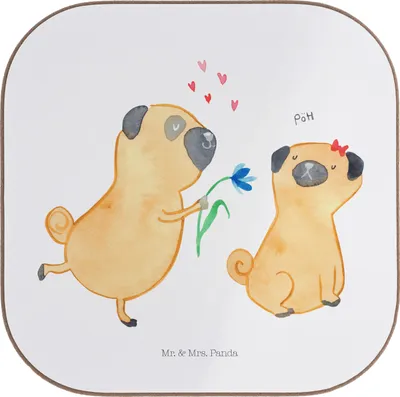 Produktbild von Mr. & Mrs. Panda Tassenuntersetzer Mops Verliebt - Weiß - Geschenk, Hund, Coaster, gläseruntersetzer, Knuffig, Tischuntersetzer, Möpse, Holzuntersetzer, Sprüche, Liebe