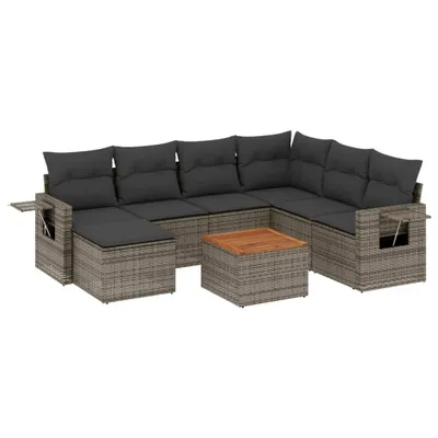 Image de Salon de jardin modulable 8 pcs, résine tressée grise, coussins déhoussables, rangement intégré, table acacia, résistant UV