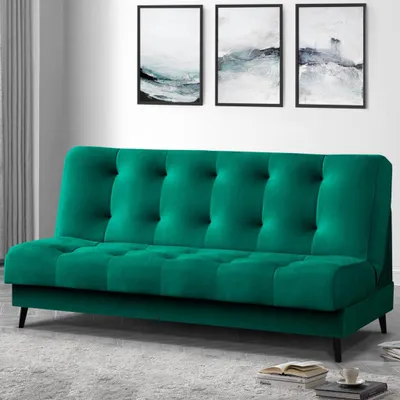 Produktbild von Schlafsofa Nancy Sofa mit Schlaffunktion Bettkasten Polstersofa aus Velour 195 cm Dreisitzer mit Holzbeine, Stoff: monolith 37 - flasches grün
