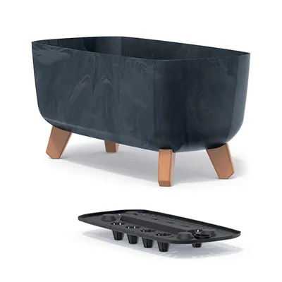 A dark gray planter with wooden legs and a black tray underneath, isolated on a white background.