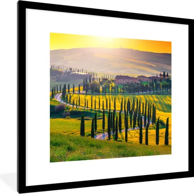 Produktbild von MuchoWow® Gerahmtes Poster Gras - Sonne - Hügel - Landschaft 40x40 cm - Poster mit Schwarzem Bilderrahmen Wandposter Rahmen Foto Bilder - Poster - Plakat im Rahmen