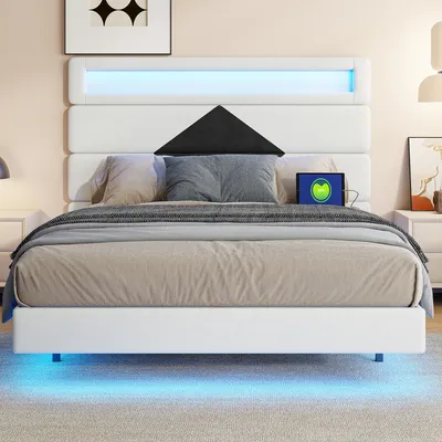 Produktbild von Fortuna Lai Polsterbett 140x190 cm, Schwebebett mit LED, USB, verstellbares Kopfteil, Samt, Doppelbett Beige/Schwarz, B