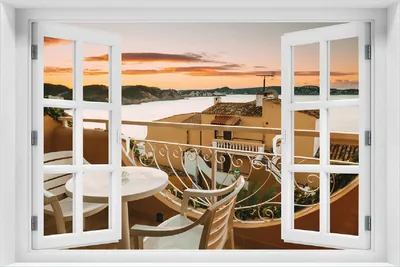 Produktbild von Wallario Poster mit Fenster-Illusion: Sommer in Spanien - Ausblick von einer schönen Terrasse auf das Meer, Größe: 100 x 150 cm