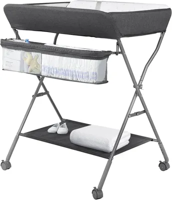 Produktbild von Faltbarer Wickeltisch für Babys, mobiler Wickeltisch mit Rollen und Wickelauflage, wasserdichte und höhenverstellbare Aufbewahrungsfächer (dunkelgrau)