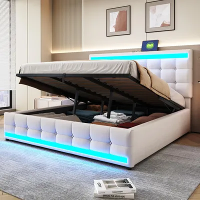Zdjęcie produktu dla Łóżko tapicerowane Flieks 180x200cm z 2 USB, łóżko na sprężynach skrzyniowych podwójne łóżko z miejscem do przechowywania i stelażem listwowym, łóżko młodzieżowe z oświetleniem, funkcjonalne łóżko, pościel, beżowe
