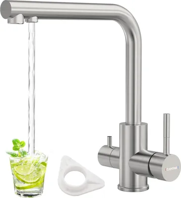 Produktbild von 3-Wege Küchenarmatur, 3-in-1 Mischarmatur für Wasserfilter, 360° drehbare Küchenarmatur, Trinkwasserarmatur mit 2 Hebeln, Dreihahnarmatur, Edelstahl, gebürstetes Nickel