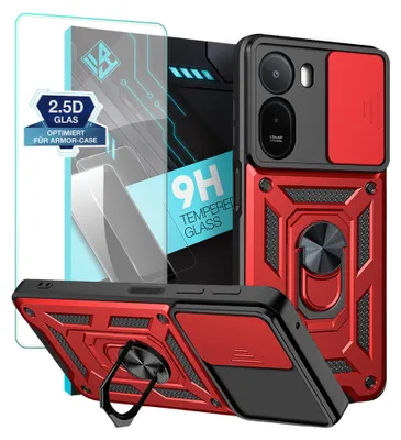 Produktbild von Armor Handyhülle für Xiaomi Redmi A7 Pro mit 9H Displayglas Displayschutz Kameraschutz Handy Panzer Case Cover Schutzhülle Outdoor Farbe: Rot