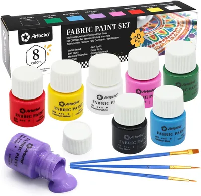 Produktbild von Artecho Textilfarbe Set mit 3 Pinseln – 8 x 20 ml Permanente Stoffmalfarben für Kleidung, Stoffbeutel & Leinwand – Waschfest, Deckend & Flexibel
