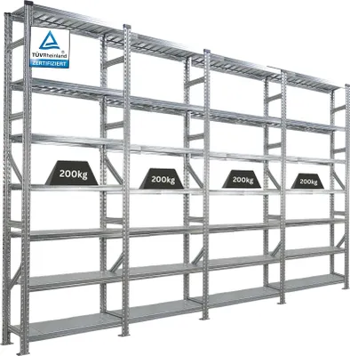 Produktbild von Fachbodenregal PROXIMO mit  Stecksystem | Komplettregal | HxBxT 250x360x32cm | 7 Ebenen | Beidseitig nutzbar | Verzinkt