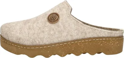 A single beige slipper on a white background.