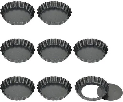 Obrázek produktu pro Malá forma na pečení z uhlíkové oceli – 10 cm – s odnímatelným dnem – s nepřilnavým povrchem – sada 8 kusů – na koláče, dorty, pizzu a muffiny