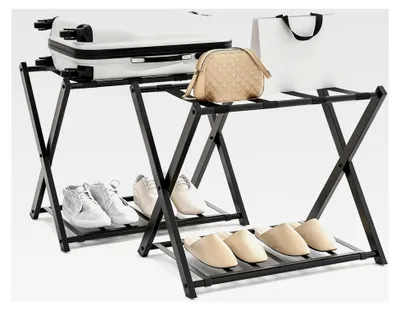 Produktbild von Klappbarer Kofferständer, 2er Set, 2-stöckige Kofferablage aus Metall, Gepäckablage für Hotelzimmer, platzsparender Kofferbock, Schwarz, 68 x 45 x 57 cm