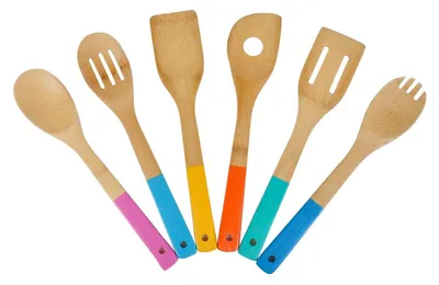 Image de BURI Ustensiles de cuisine en bambou 6 pièces Cuillère de cuisine Spatule Couvert à salade