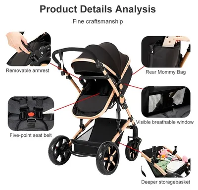 Produktbild von Kinderwagen - 3-in-1-Reisesystem - Zusammenklappbar - Wendeeinheit - Autositzkompatibel - Geländegängige Räder - Belastbar bis 20 kg - Schwarz-Gold