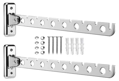 Two wall-mounted foldable clothes racks are shown with their mounting hardware.