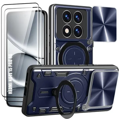 Image de Coque + 2 Verres Trempés pour Xiaomi Redmi Note 15 Pro 4G, Antichoc avec Anneau - Bleu Marine